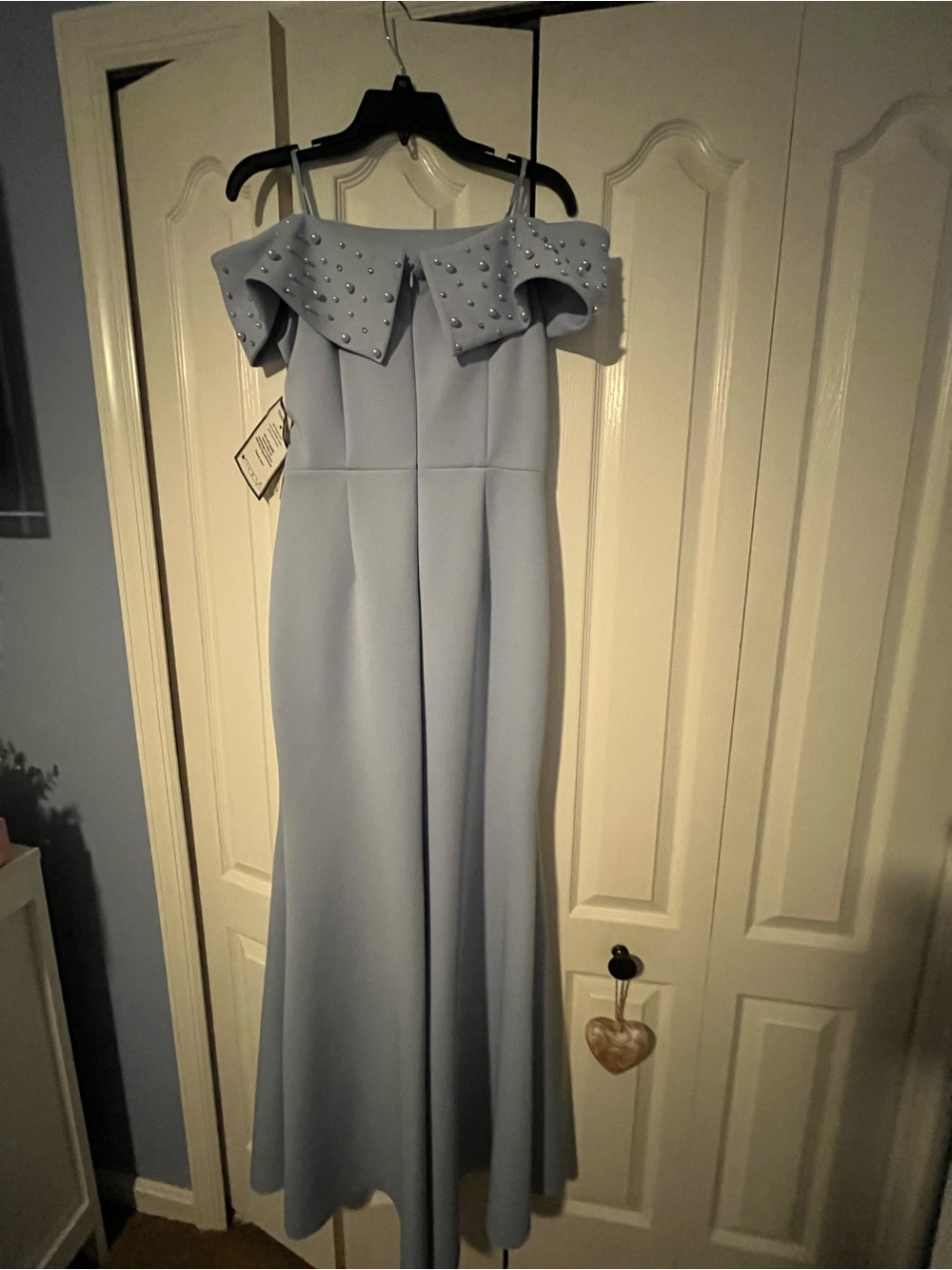 Eliza J Off-the-Shoulder Faux Pearl Embellished Gown - Light Lavender - Picture 9 of 9